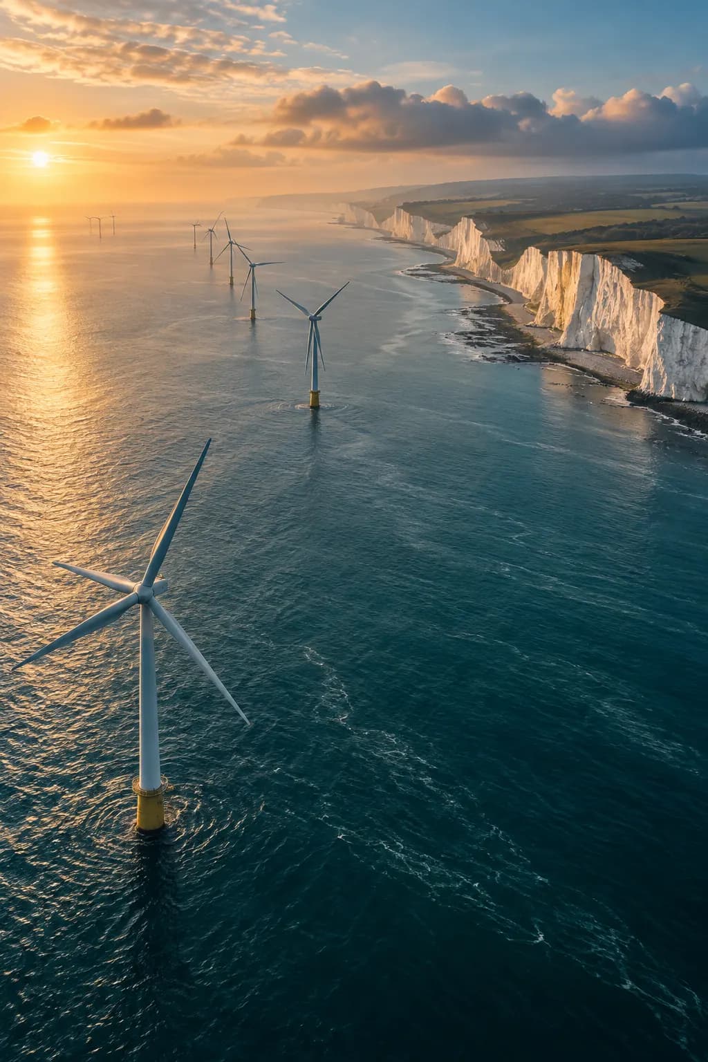 Offshore wind turbines beside coastal cliffs at sunrise.